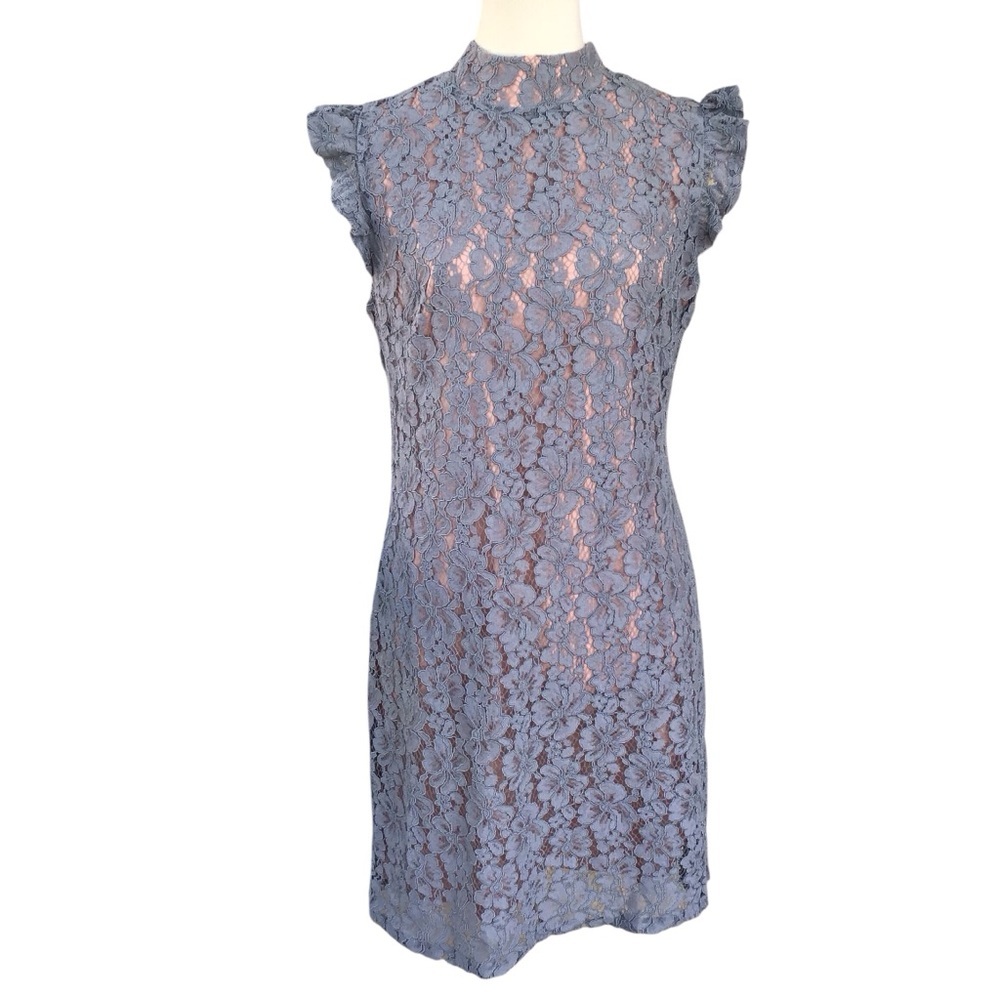 Lace Flutter Sleeve Sheath Dress - Blue
